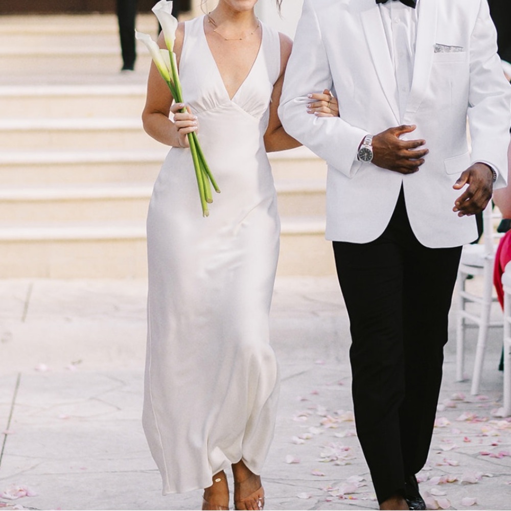 White Plunge Cowl Back maxi dress